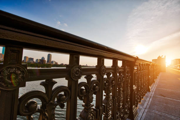 panoramic view of boston downtown and historic center from the landmark longfellow bridge over charles river - boston charles river skyline massachusetts imagens e fotografias de stock