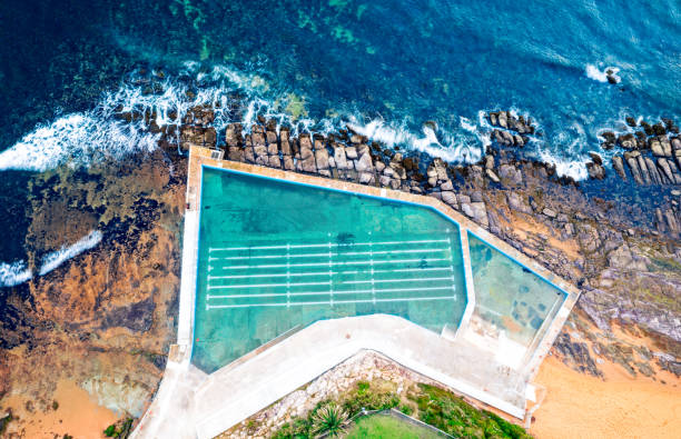 istock Odd shaped Collaroy rock pool aerial views, Australia 1134155016
