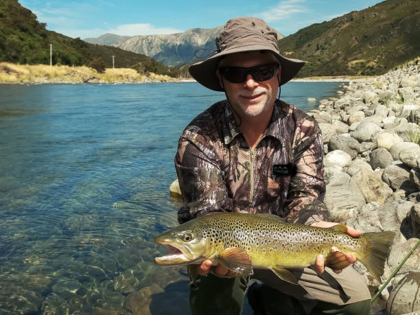 a fly fisherman poses with a large live new zealand brown trout - fly fishing trout brown trout fishing imagens e fotografias de stock