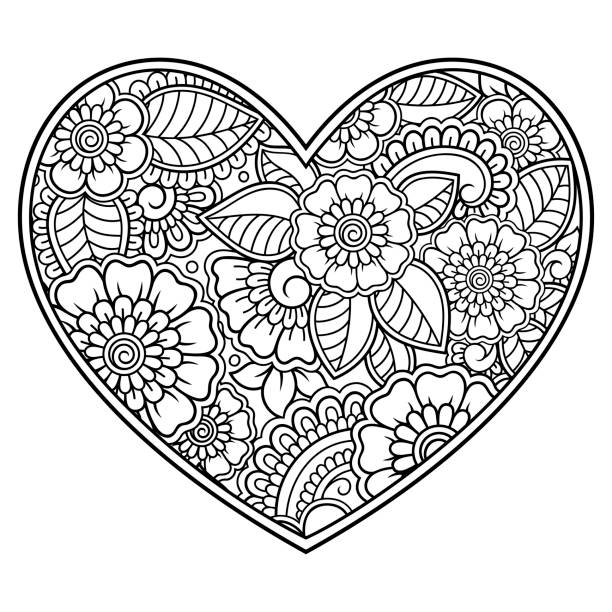 ilustrações de stock, clip art, desenhos animados e ícones de mehndi flower pattern in form of heart for henna drawing and tattoo. decoration in ethnic oriental, indian style. valentine's day greetings. coloring book page. - line art scroll shape design element scroll