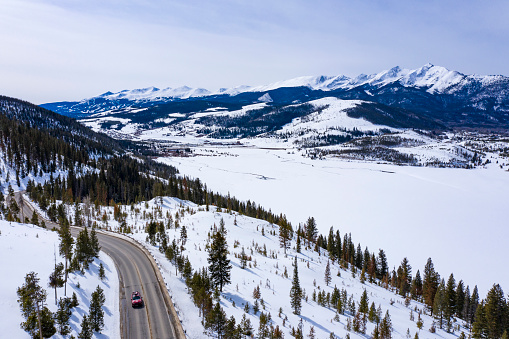 Winter Car Driving Highway Aerial Leaving Breckenridge Frisco Area Ski Resorts