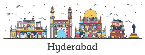 umrissen sie hyderabad india city skyline mit farbengebäuden, die auf weiß isoliert sind. - hyderabad stock-grafiken, -clipart, -cartoons und -symbole