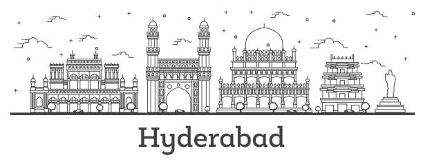 illustrazioni stock, clip art, cartoni animati e icone di tendenza di delinea lo skyline di hyderabad india city con edifici storici isolati su bianco. - hyderabad