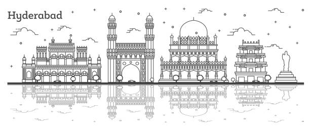 illustrazioni stock, clip art, cartoni animati e icone di tendenza di delinea lo skyline di hyderabad india city con edifici storici e riflessioni - hyderabad
