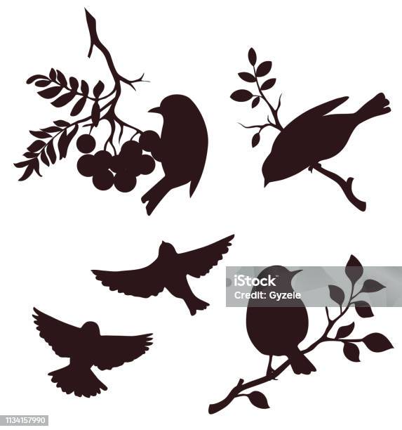 Set Of Autumn Bird And Twig Silhouettes Decorative Birds Sitting On Twigs Of Tree And Flying Stock Illustration - Download Image Now