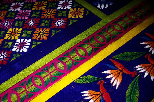 Flower Alfobre, colorful sawdust carpet made for Semana Santa Easter in El Calvario, Antigua, Guatemala
