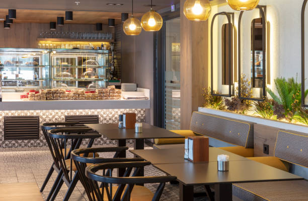 prázdná jídelna - bufet podnik podávající na jídlo a pití - stock snímky, obrázky a fotky