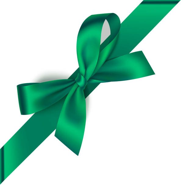 ilustrações de stock, clip art, desenhos animados e ícones de decorative green bow with diagonally ribbon on the corner of the page isolated on white. - green silk textile shiny