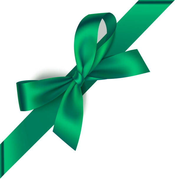 Decorative green bow with diagonally ribbon on the corner of the page isolated on white. vector art illustration