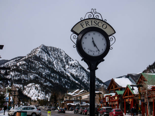 Frisco Town Clock People on Main Street Winter Sunny Day Frisco, Colorado/USA - February 24, 2019: Town Clock People on Main Street Winter Sunny Day frisco colorado stock pictures, royalty-free photos & images