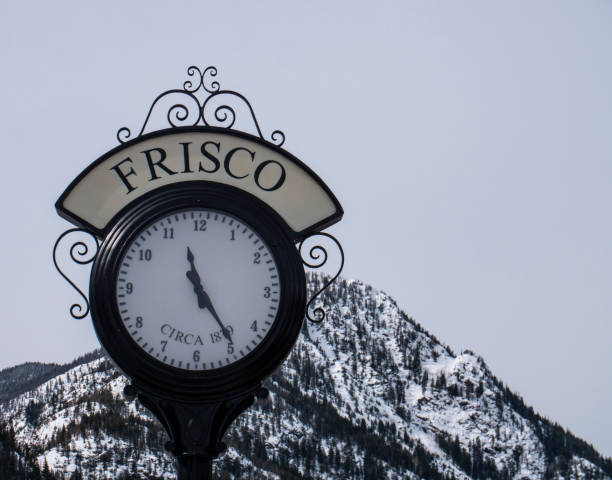 Frisco Colorado Old Clock Snowy Mountain Peak Background Frisco, Colorado/USA - February 24, 2019: Old Clock Snowy Mountain Peak Background frisco colorado stock pictures, royalty-free photos & images