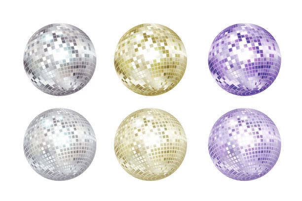 ilustraciones, imágenes clip art, dibujos animados e iconos de stock de colección de pelotas de discoteca. colores plata, dorado y púrpura. - bola espejo