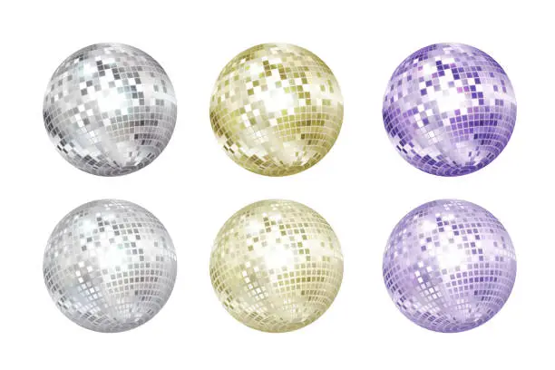 Vector illustration of Disco balls collection. Silver, gold and purple colors.