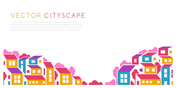 City landscape or hill town panoramic illustration in simple flat style. Vector design element with minimal geometric composition. Buildings and trees City landscape or hill town panoramic illustration in simple flat style. Vector design element with minimal geometric composition. Buildings and trees cityscape borders stock illustrations