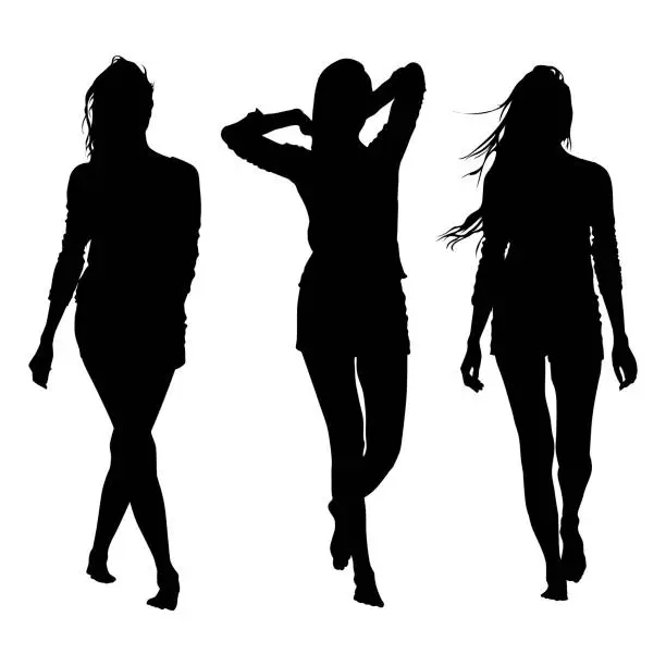 Vector illustration of Silhouette of a slender young adult girl in full growth. Three contour poses of a girl in shorts with long bare legs, developing hair for a walk