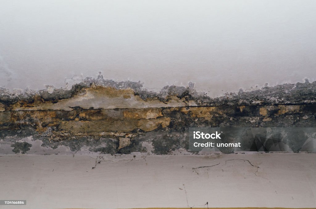 Big wet spots and cracks on the ceiling of the domestic house room after heavy rain and lot of water Big wet spots and cracks on the ceiling of the domestic house room after heavy rain and lot of water - Image Basement Stock Photo