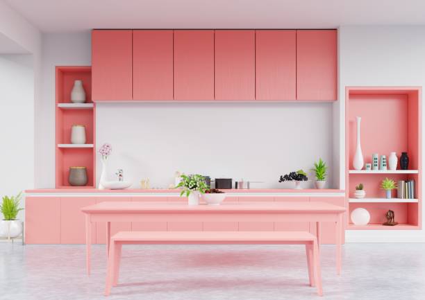 istock Kitchen interior with living coral color wall 1134167447