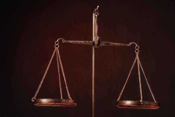 Law scales on table. Symbol of justice - Image