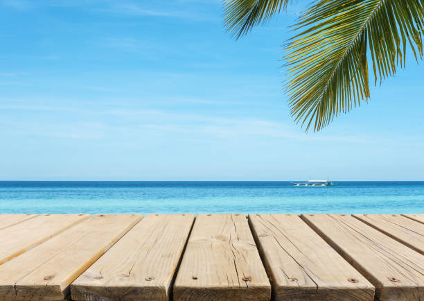 istock Empty Wooden Platform Under Palm Tree At The Seaside 1134169966