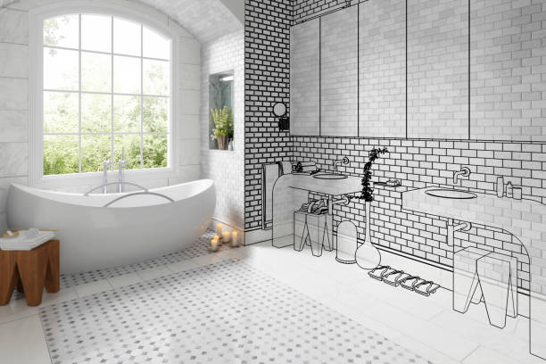 Old bathroom after renovation (vision) - 3d illustration Old bathroom after renovation (vision) - 3d illustration model home photos stock pictures, royalty-free photos & images