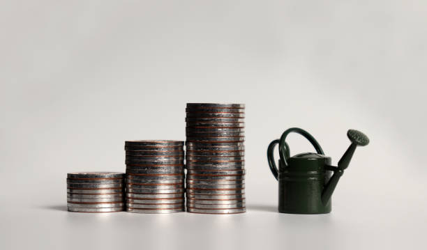 istock A pile of three stepped coins and a miniature watering can. 1134173814
