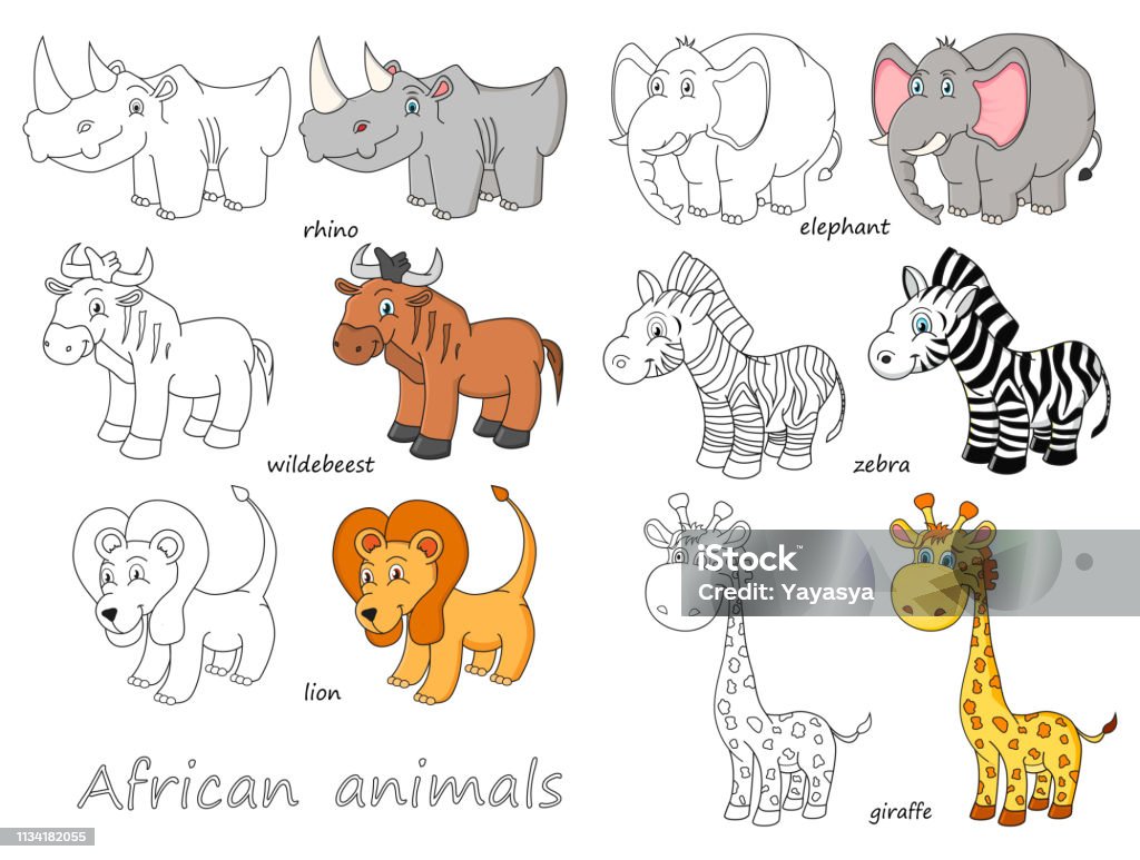 Cartoon african animals outline and colored illustration Africa stock illustration
