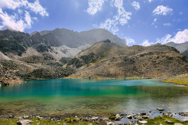 istock Kyshkager stony mountain slopes with mountain lake 1134183598