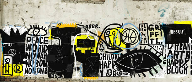 Symbolic image of graffiti that contains various characters and words Wall that is plastered revival stock illustrations