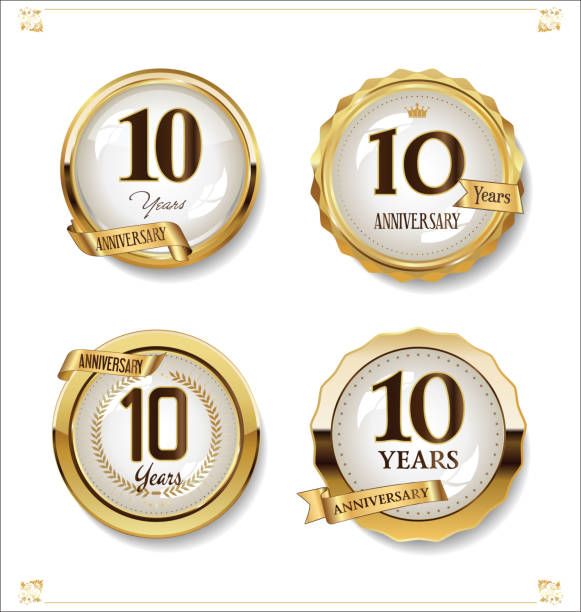 istock Anniversary golden labels retro vintage design collection 1134185362