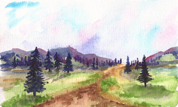 istock Watercolor road landscape with pine trees and mountains 1134186353