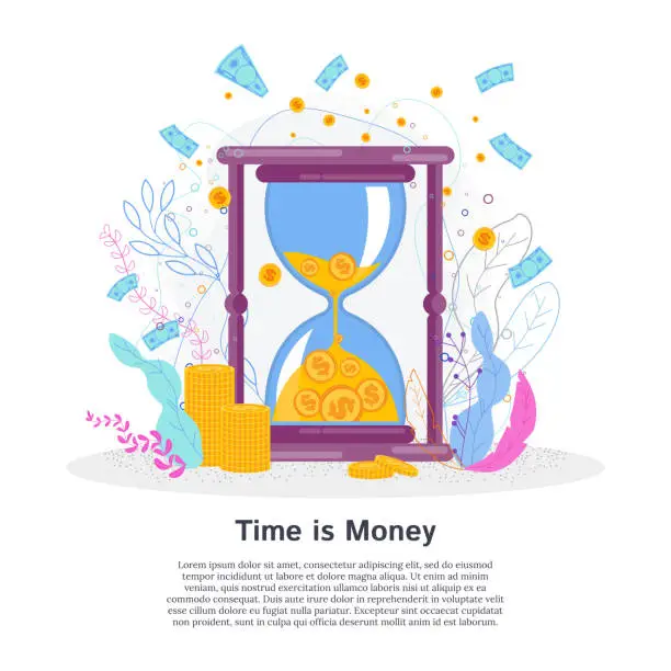 Vector illustration of Time is money vector flat concept with hourglass.