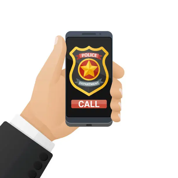 Vector illustration of Call police app on smartphone screen. Police badge and emergency call button. Hand holding smartphone with police application on the screen. Vector illustration on white background