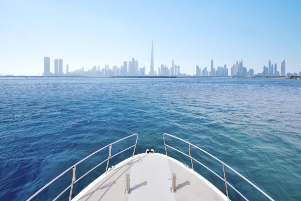 Front view of Dubai skyline from the yacht at morning, United Arab Emirates.