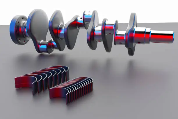 3D rendering. Crankshaft for 6v cylinders engine. Truck crankshaft on multicolored background. Engine bearing crankshaft.