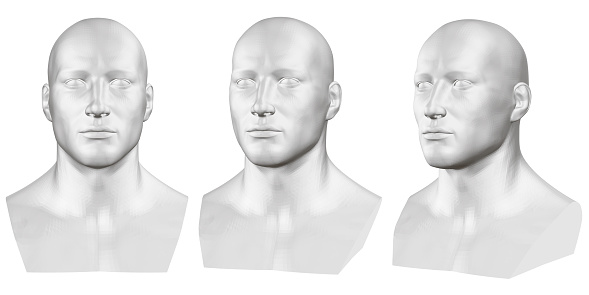Vector set of isolated male busts of mannequins on white background. 3D. Male bust from different sides. Vector illustration.