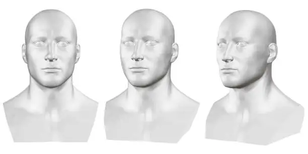 Vector illustration of Vector set of isolated male busts of mannequins on white background. 3D. Male bust from different sides. Vector illustration