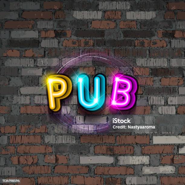 Text Pub Sign Text Pub In Neon Text With A Brick Wall Background Stock Illustration ...