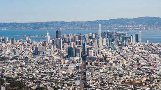 Drone photo of downtown San Francisco taken from above the Twin Peaks area.