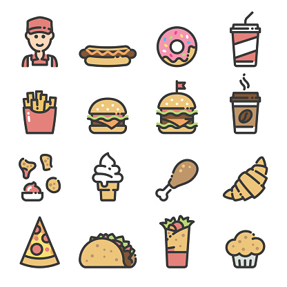 Line art icons of fast foods. Burgers, cheeseburgers, shawarma, kebab, taco, soda, coffee, burrito, worker, hot dog, donut, fries, chicken leg, ice cream, croissant, chicken nuggets, muffin.