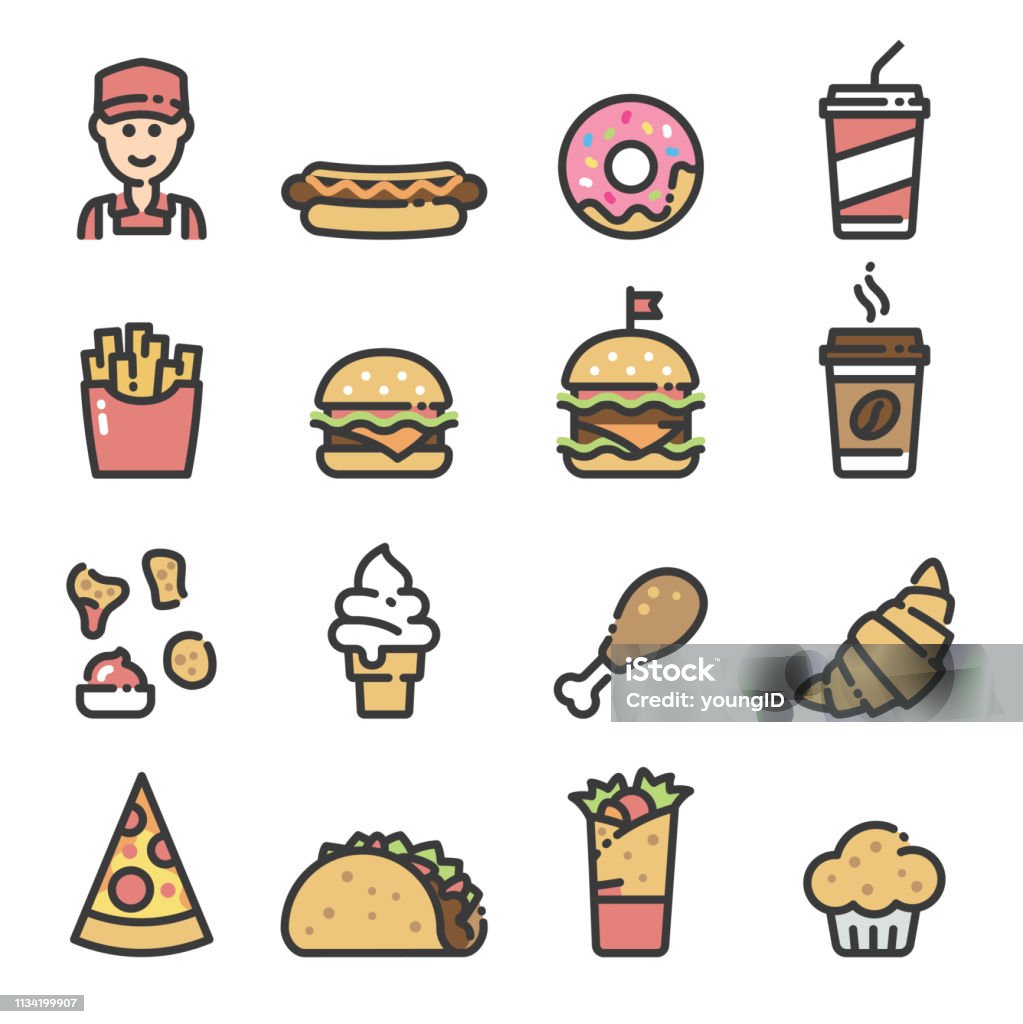 Fast food - line art icons Line art icons of fast foods. Burgers, cheeseburgers, shawarma, kebab, taco, soda, coffee, burrito, worker, hot dog, donut, fries, chicken leg, ice cream, croissant, chicken nuggets, muffin. Icon stock vector