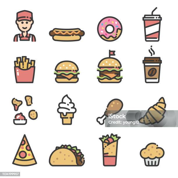 Fast Food Line Art Icons Stock Illustration - Download Image Now - Icon, Food, Coffee - Drink