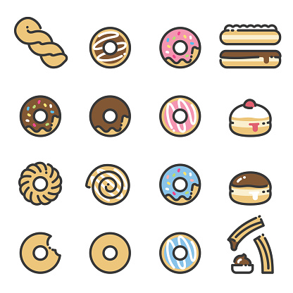 Line art icons of donuts. All kinds of donuts, chocolate, strawberry, iced, frosted, jelly, twists, french crullers, glazed and cinnamon roll.