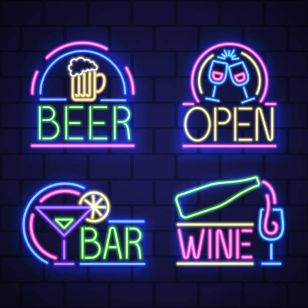 illustrazioni stock, clip art, cartoni animati e icone di tendenza di segnaletica al neon notturno - beer backgrounds nobody bright