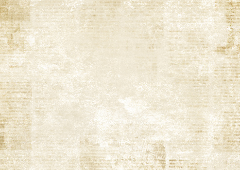 Newspaper with old unreadable text. Vintage grunge blurred paper news texture horizontal background. Textured page. Sepia collage. Front top view.
