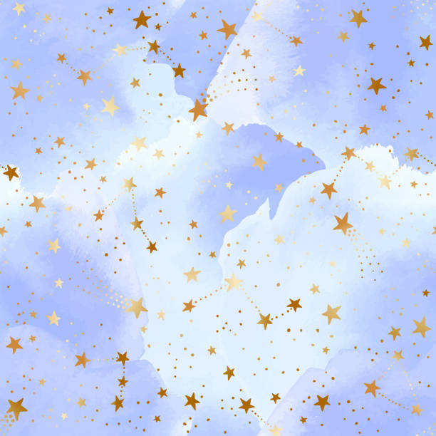 nahtloses blaues himmelsmuster mit goldenen folienkonstellationen, sternen und aquarellwolken - pattern cloudscape cloud metallic stock-grafiken, -clipart, -cartoons und -symbole