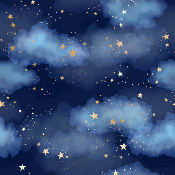 ilustraciones, imágenes clip art, dibujos animados e iconos de stock de patrón de cielo nocturno azul oscuro sin costuras con constelaciones de lámina de oro, estrellas y nubes de acuarela - cielo estrellado