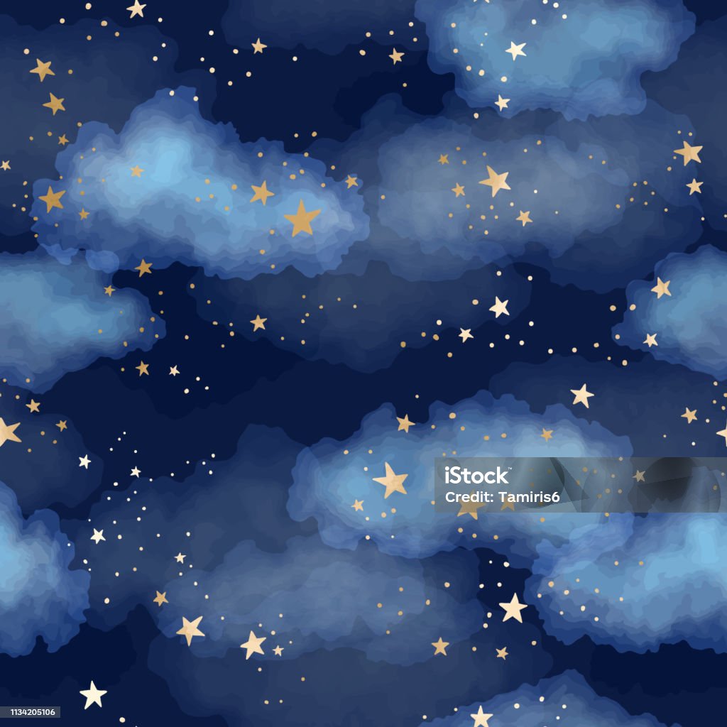Motivo del cielo notturno blu scuro senza cuciture con costellazioni di lamina d'oro, stelle e nuvole ad acquerello - arte vettoriale royalty-free di Stella
