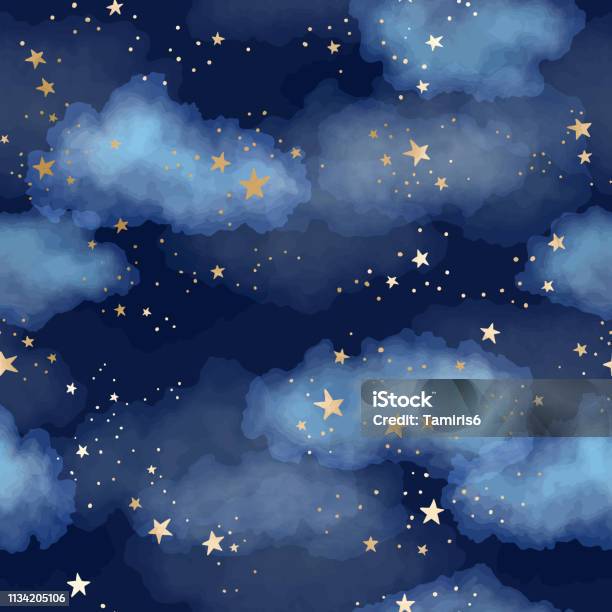 Seamless Dark Blue Night Sky Pattern With Gold Foil Constellations Stars And Watercolor Clouds Stock Illustration - Download Image Now