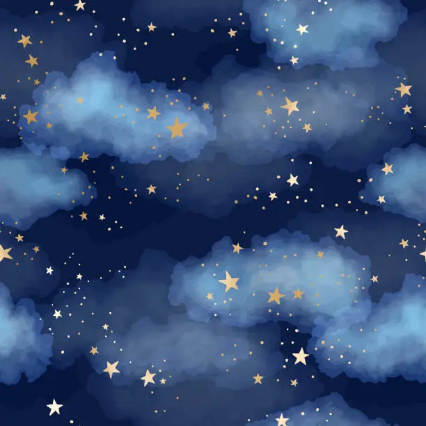 Vector illustration of Seamless dark blue night sky pattern with gold foil constellations, stars and watercolor clouds