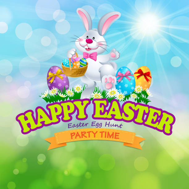 ilustrações de stock, clip art, desenhos animados e ícones de happy easter egg hunt party bunny symbol - easter bunny easter grass sunlight
